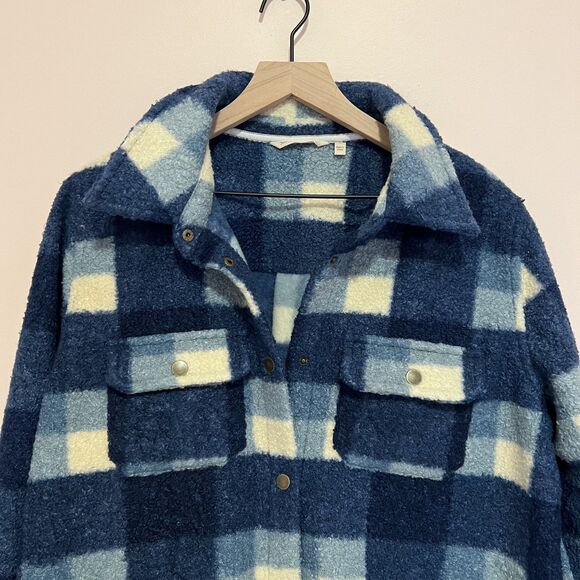Soft Surroundings Dealto Jacket Sherpa Blue White Plaid Pockets Snap Front Sz L - Picture 8 of 8